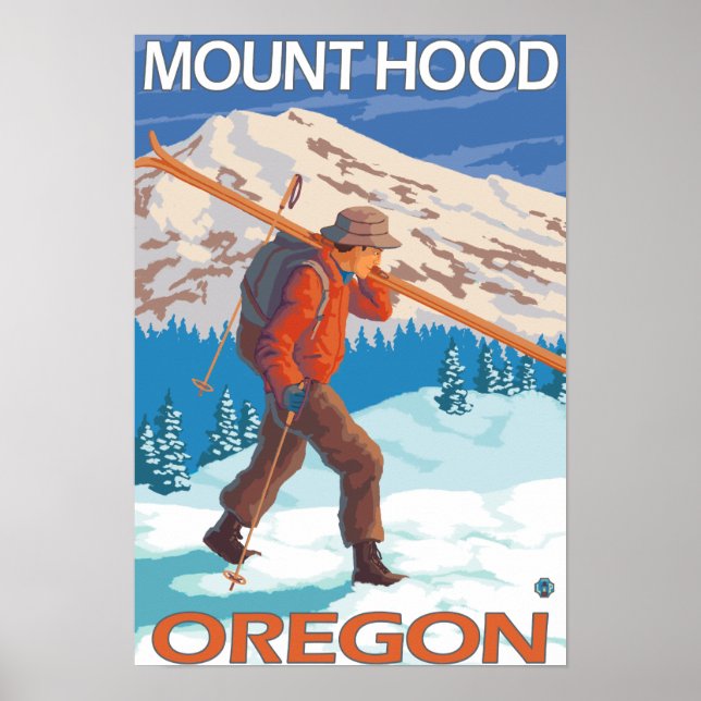 Póster Skier Carrying Snow Skis - Mount Hood, OR (Frente)