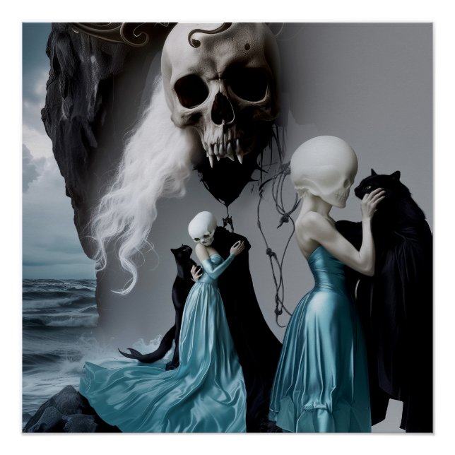 Póster Skull Cat Shadow Work Witchy AI Art Semibrillante (Anverso)