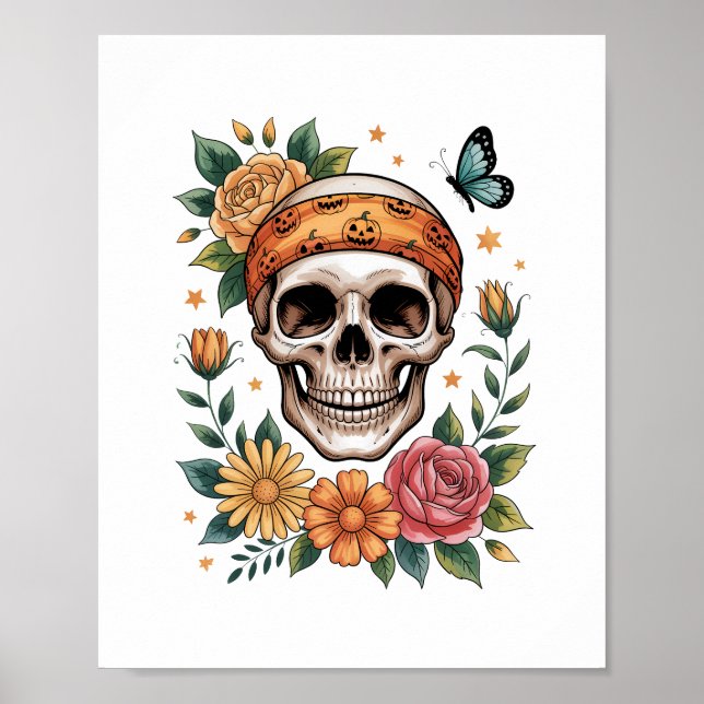 Póster Skull Floral Halloween Spooky (Frente)