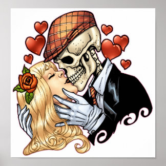 Póster Skull Kiss con corazones y Rosas de Al Rio