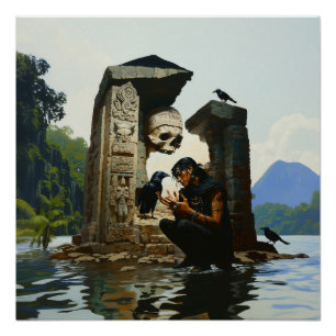 Póster Skull Raven Sepulcher Witchy AI Art Semi-Gloss