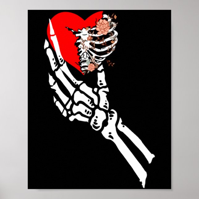 Póster Skull Skeleton Hand Holding Red Heart Love Valenti (Frente)