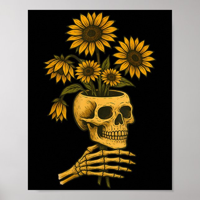Póster Skull Sunflowers Gothic Goth Creepy Cute Floral  (Frente)