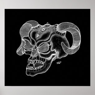 Póster Skull Teufelschädel schwarz weiß Zeichnung