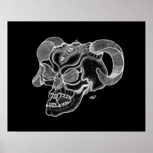 Póster Skull Teufelschädel schwarz weiß Zeichnung