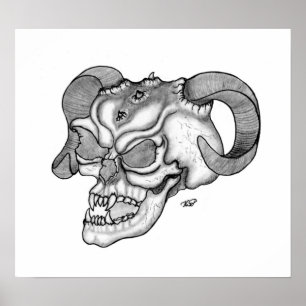 Póster Skull Teufelschädel schwarz weiß Zeichnung