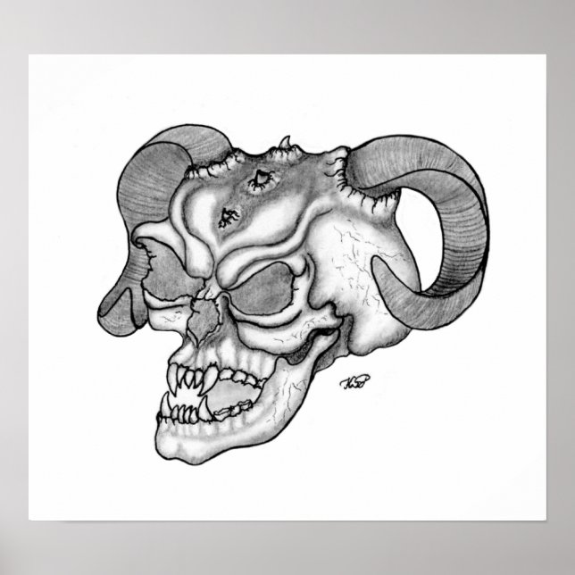 Póster Skull Teufelschädel schwarz weiß Zeichnung (Frente)