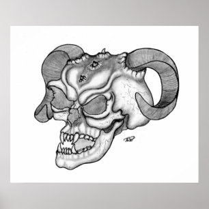 Póster Skull Teufelschädel schwarz weiß Zeichnung