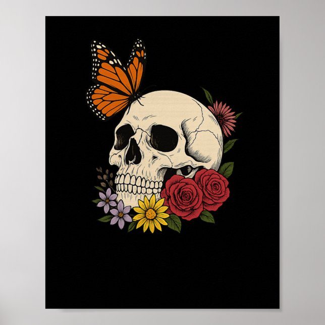 Póster Skulls Monarch Butterfly Flowers Halloween Men Wom (Frente)