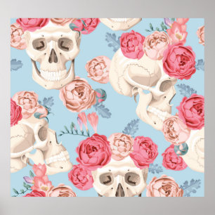 Póster Skulls y Rosas Patrón de vintage