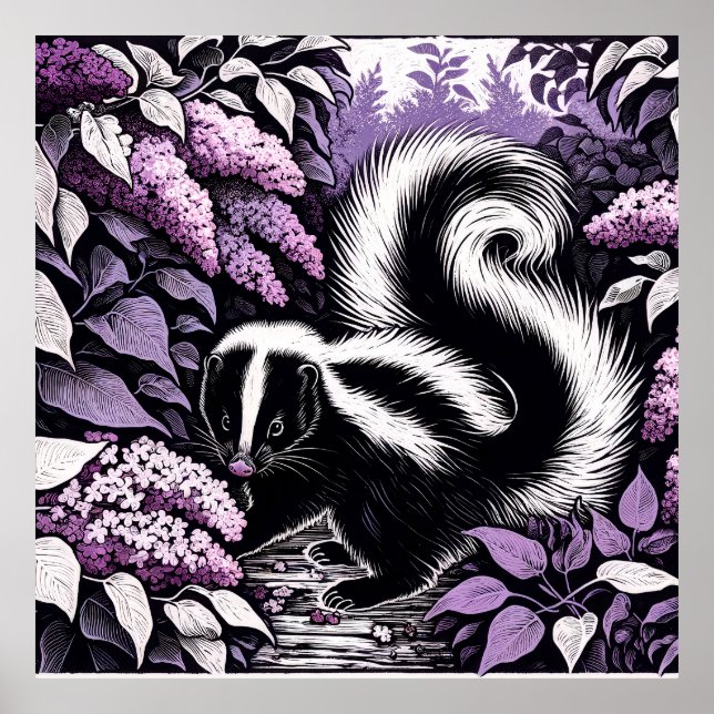 Póster Skunk Skunks y Lilac Bush morado (Frente)