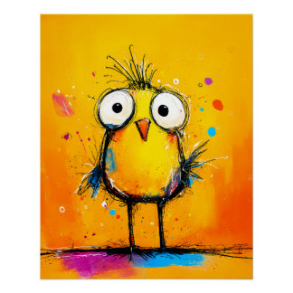 Póster Skurriler gelber Vogel mit großen Augen Comic Stil