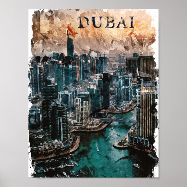 Póster Skyline de acuarela de los Emiratos Árabes Unidos  (Frente)