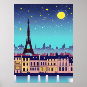 Póster Skyline de fantasía de París bajo las estrellas