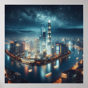 Póster Skyline de la ciudad en el poster de la pared noct