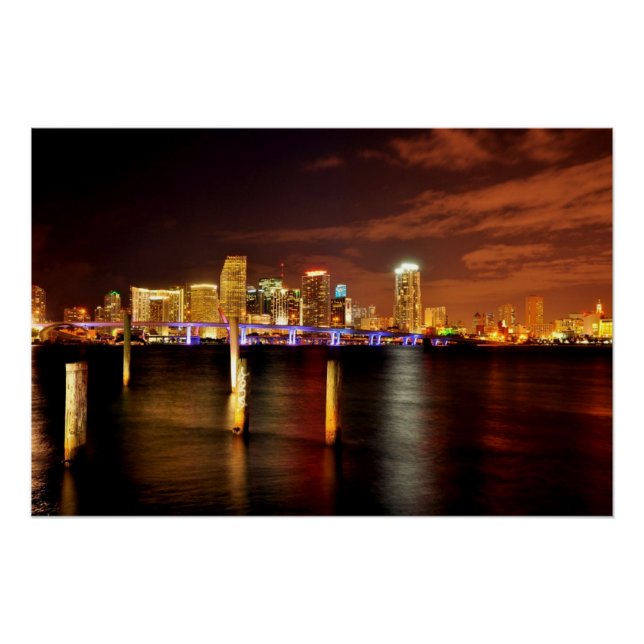 Póster Skyline de Miami por la noche, Florida (Anverso)