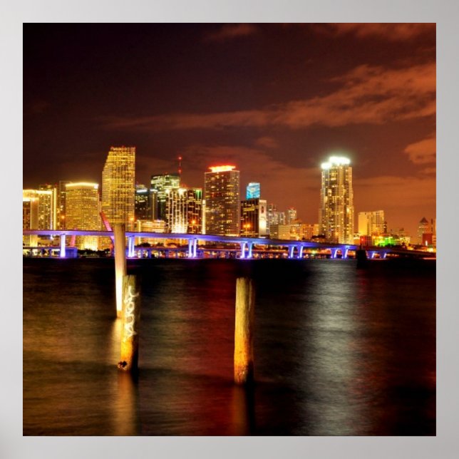 Póster Skyline de Miami por la noche, Florida (Frente)
