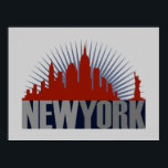 Póster Skyline de Nueva York<br><div class="desc">El diseño del Skyline de la ciudad de Nueva York presenta una representación gráfica del perfil de Manhattan y de la Estatua de la Libertad en un color rojo audaz. Debajo del horizonte y de la Dama de la Libertad, las palabras de Nueva York están en negrita en dos tonos...</div>