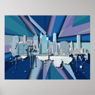 Póster Skyline de Nueva York   Azul 3D