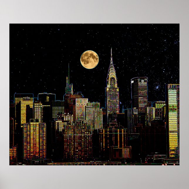 Póster Skyline De Nueva York De Noche Con Luna Llena (Frente)