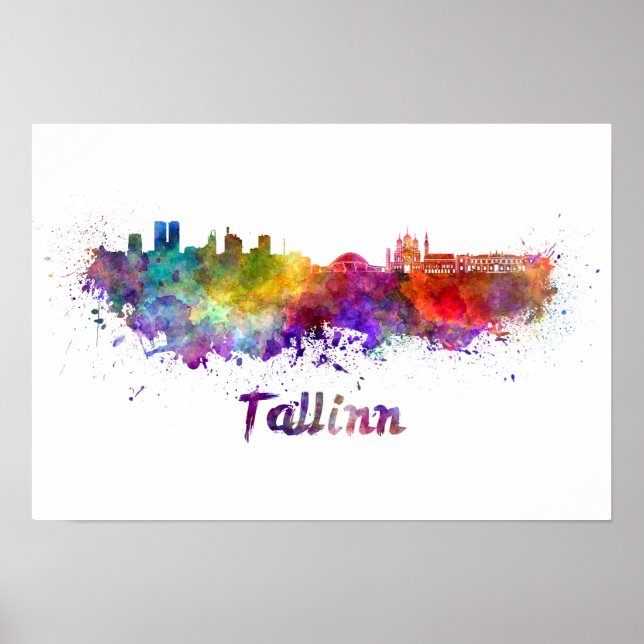 Póster Skyline de Tallin en acuarela (Frente)