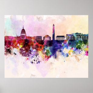 Póster Skyline de Washington DC en el fondo de las acuare
