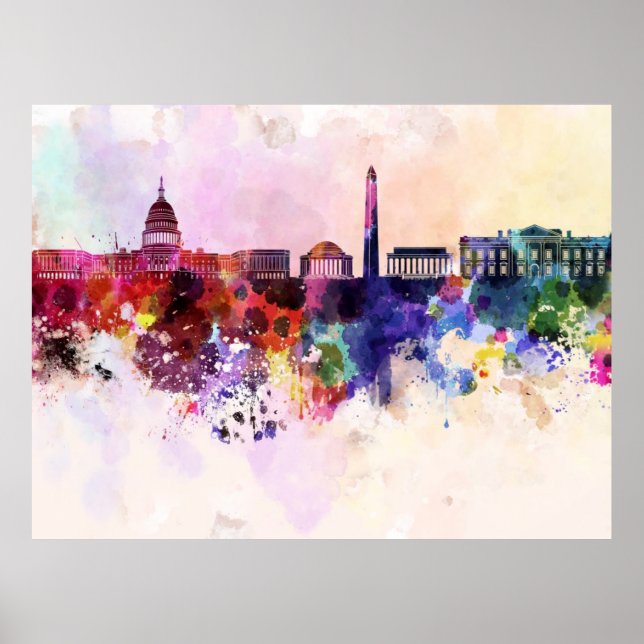 Póster Skyline de Washington DC en el fondo de las acuare (Frente)