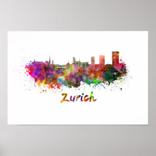 Póster Skyline de Zúrich en acuarela