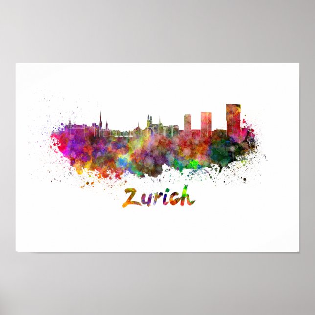 Póster Skyline de Zúrich en acuarela (Frente)