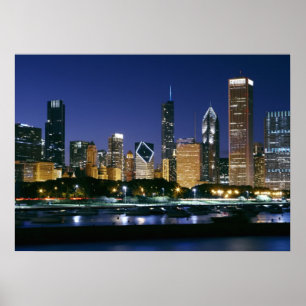 Póster Skyline del centro de Chicago de noche