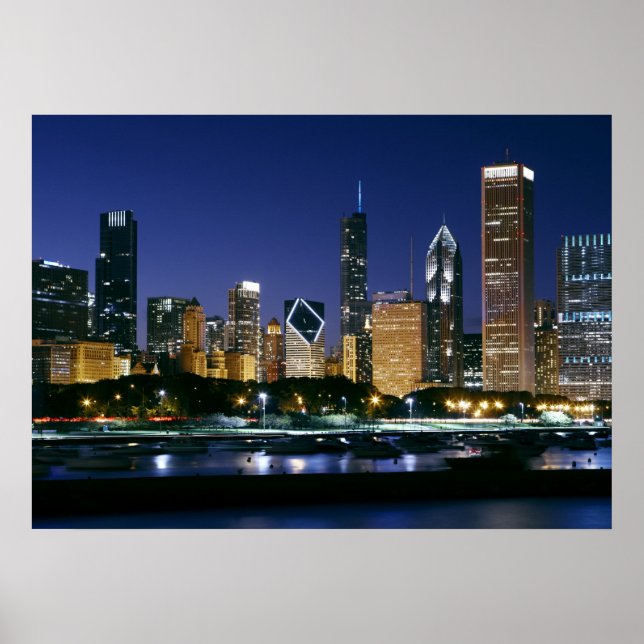 Póster Skyline del centro de Chicago de noche (Frente)