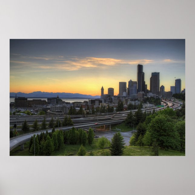 Póster Skyline en el centro de Seattle al atardecer (Frente)