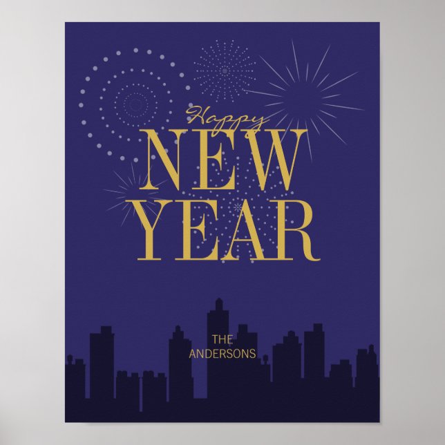Póster Skyline moderna: feliz Rótulo Poster de Año Nuevo (Frente)