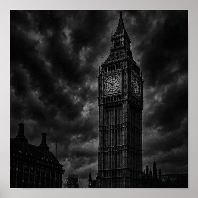Póster Skyline monocromo de Londres con Big Ben y City (Frente)