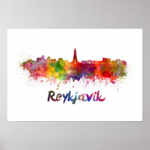 Póster Skyline Reykjavik en acuarela