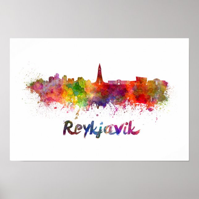 Póster Skyline Reykjavik en acuarela (Frente)