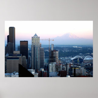 Póster Skyline Seattle con el monte Rainier