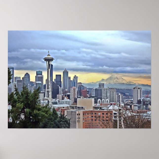 Póster Skyline Seattle en la niebla y la lluvia (Frente)