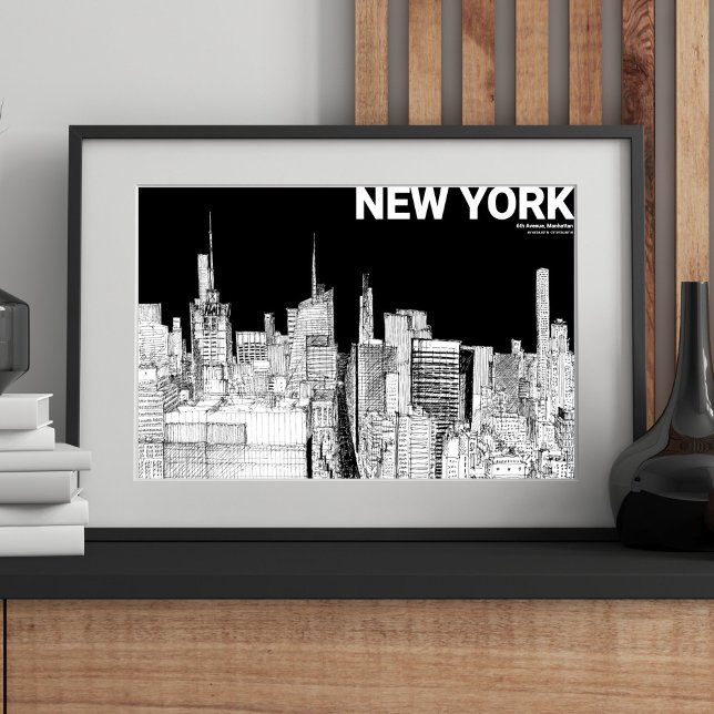 Póster Skyline Skyline Skyline de Nueva York Black White  (New York City Skyline Black White Sketch Mate Poster)