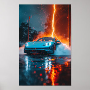 Póster Sleek 2021 Porsche Taycan 4S en Poster azul claro