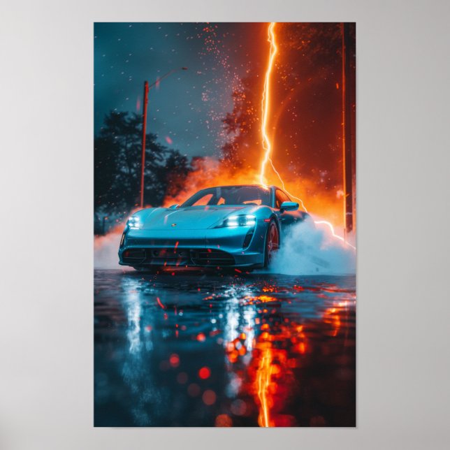 Póster Sleek 2021 Porsche Taycan 4S en Poster azul claro (Frente)