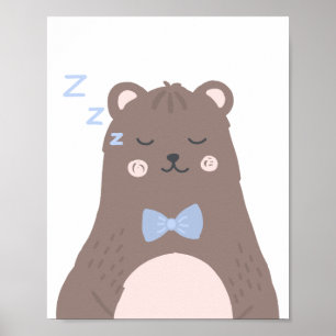 Póster Sleeping Bear Cartoon Brown Blue Boy Nursery Decor