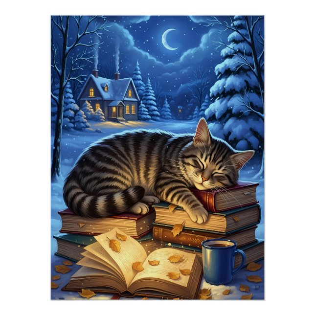 Póster Sleeping Cat on Books Winter Night (Anverso)