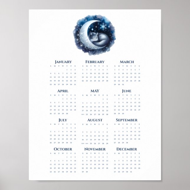 Póster Sleeping Cat on the Moon 2026 Calendar Minimalist  (Frente)