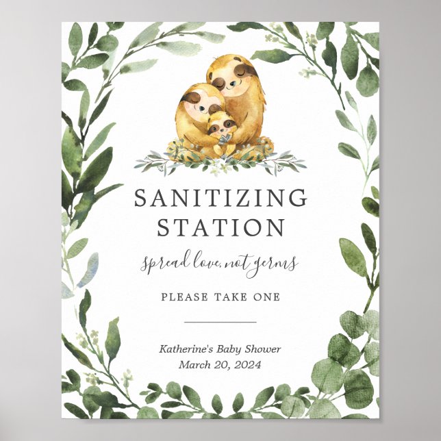 Póster Sleeping Sloth Baby Shower Sanitization Station Ró (Frente)