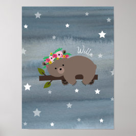 Póster Sleepy Bear Cub Acuarela Floral Bebé Nursera