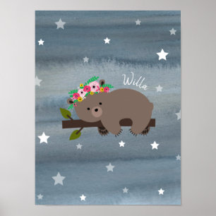 Póster Sleepy Bear Cub Acuarela Floral Bebé Nursera