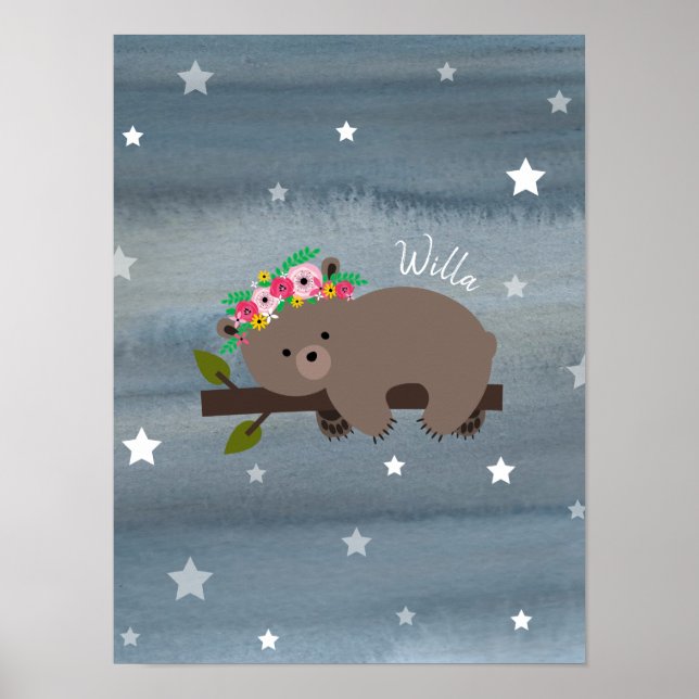 Póster Sleepy Bear Cub Acuarela Floral Bebé Nursera (Frente)