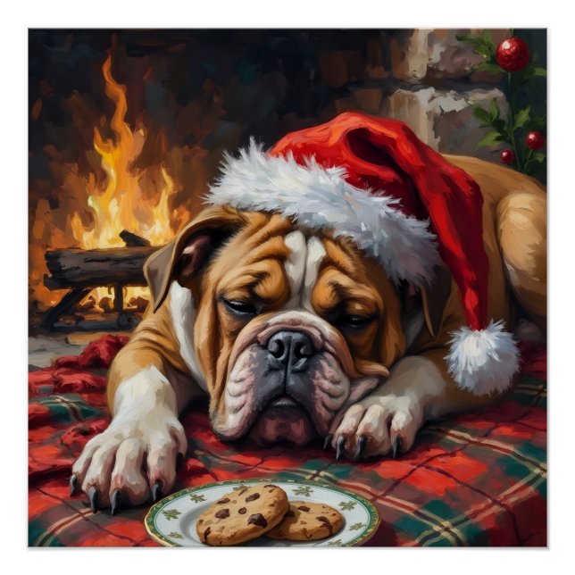Póster Sleepy Bulldog Dog Fast Asleep Santa Hat Christmas (Anverso)