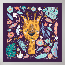 Póster Sleepy Giraffe Tropical Nursery in Purple